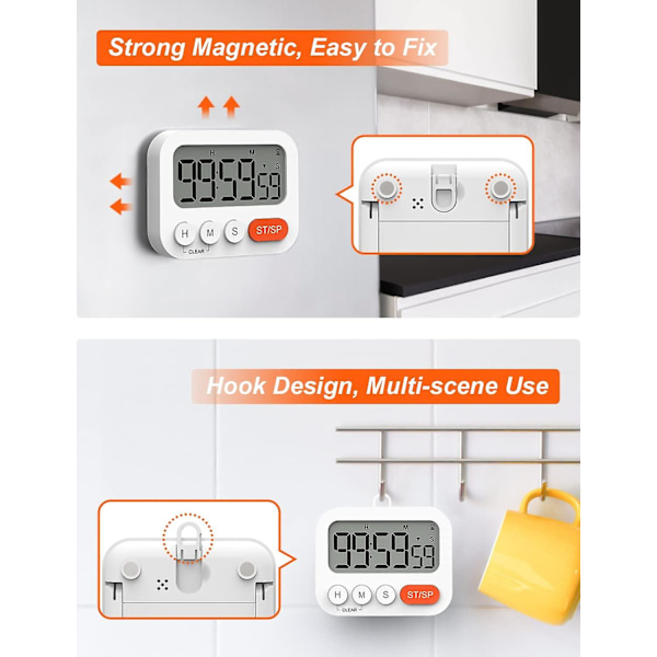 Digitaalinen ajastin munakello digitaalinen keittiöajastin kellon kanssa sekuntikello herätyskello magneetti 3-tasoinen äänenvoimakkuus LCD-näyttö oppimiseen ruoanlaittoon urheiluun (2 kpl