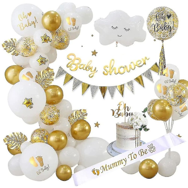 Baby Shower Dekorasjoner Gutt Eller Jente, Hvit Og Gull Baby Shower Dekorasjoner Med Mummy To Be Sash, Baby Shower Banner, Trykte Ballonger Og Oh Baby C