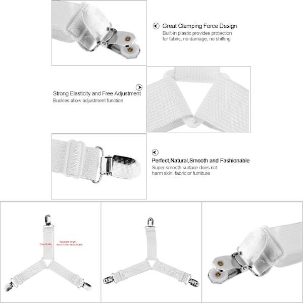 4 st justerbara triangulära lakanhållare för madrass, remmar, clips, gripare, fästelement (vit)