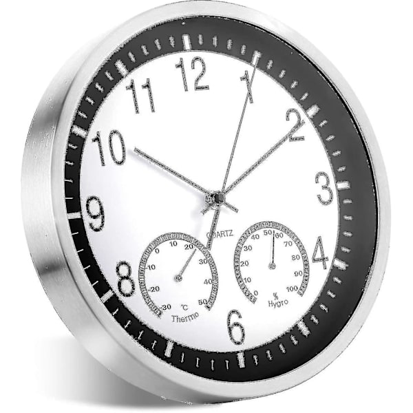 12 Tums Metall Kvarts Väggklocka 30cm Modern Tyst Tickfri Väggklocka Med Termometer Mäter Temperatur Luftfuktighet För Vardagsrum Sovrum Av