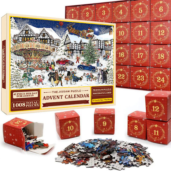 Jigsaw-puslespill Julekalender 2024, 1008 Brikker 24 Dager til Jul Nedtelling Julekalender Jigsaw-puslespill