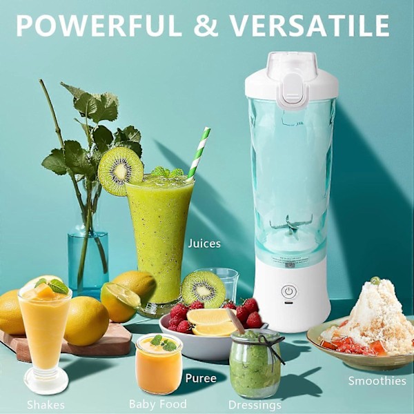Smoothie-tehosekoitin, henkilökohtainen tehosekoitin pirtelöille ja smoothieille 6 terällä, 600 ml kannettava tehosekoitin ladattava USB BPA-vapaalla tehosekoitinkupilla ja kannella