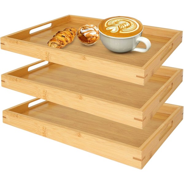 Wooden Tray, 33cm*22cm*3.5cm Rectangular Bamboo Tray with Handle, Breakfast Tray Nesting Tray Food Tray, Tray for Dinner Tea Dessert