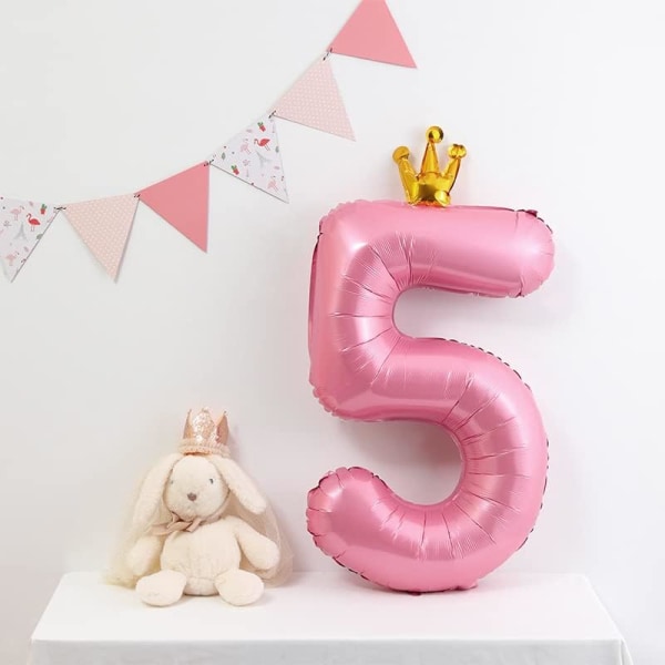 Pink krone nummer 5 ballon, 40' stort nummer folieballon med latex balloner, 5-års fødselsdagsdekorationer pige 33. fest (Pink 5)