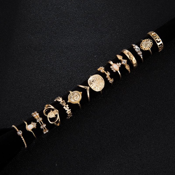 15-pak Boho-ringe - funklende rhinsten og forskellige mønstre gold