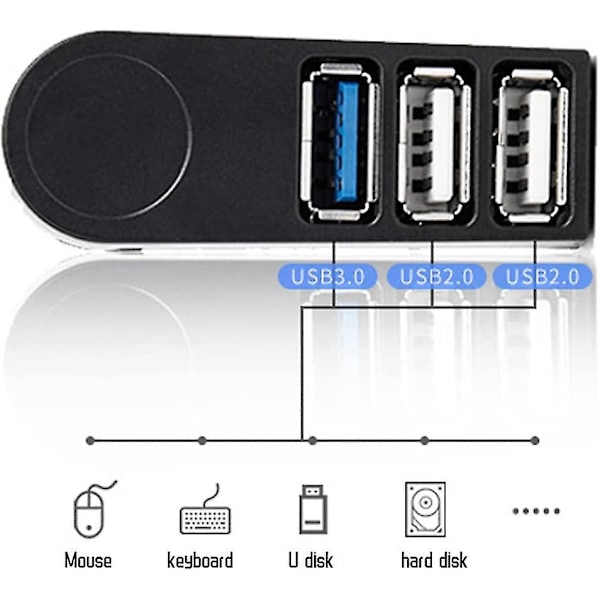 USB til 3 USB-porter 270° roterbar ultra tynn USB-splitter for Macbook, bærbare PC-er, USB-minnepinner, HDD