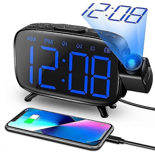 Projektionsväckarklocka med radio, 180° projektor, 7 ljud, dubbla alarm, snooze, dimbar LED-display för barn