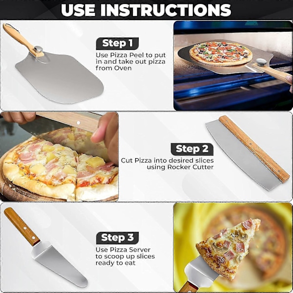 3 i 1 Pizzaovn Tilbehørssett: Pizzaspade, Pizzakniv & Pizzaserver, 12\"X14\" Aluminium Pizza Vendespade med Sammenleggbart Håndtak, Pizzakniv m