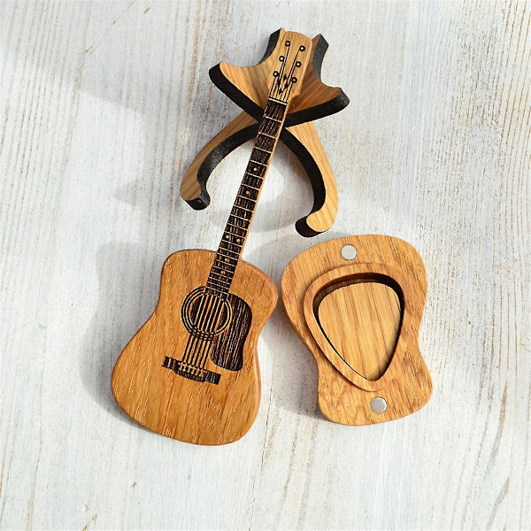 Træ Guitar Plektrum Etui med Stativ, 3 Unikke Guitar Plektrum Etuier, Guitarformet Guitar Plektrum Etui