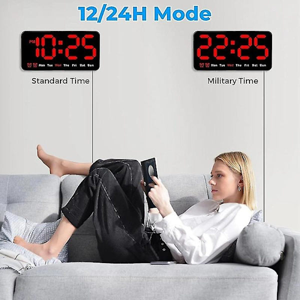Digital Vægur, 9 Tommer LED Digitalt Ur, 12/24 Timer, Store Tal, Lille Lydløs Vægur Sort Røde Bogstaver