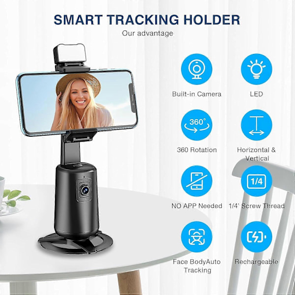 Automatisk ansigts-tracking stativ, 360 graders rotation automatisk tracking mobiltelefonholder, mobiltelefonkamera holder med fjernbetjening og gestusstyring