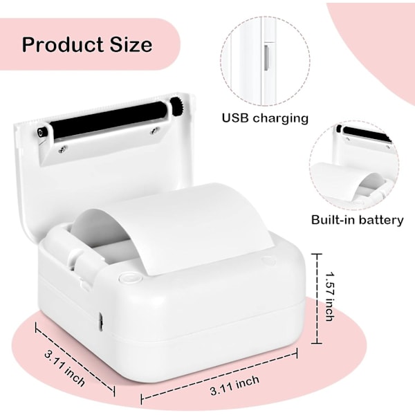 Mini Kannettava Tulostin, Bluetooth Taskukokoinen Lämpötulostin, Mini Lämpötulostin iOS:lle ja Androidille, Musteeton Taskukokoinen Tulostin Valokuville ja Muistiinpanoille