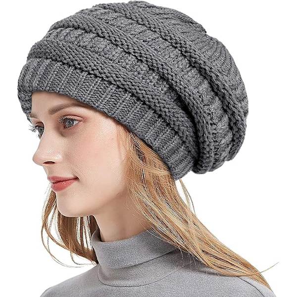 Stickad vintermössa för kvinnor, varm slouchy skidmössa med satin foder, mörkgrå, 52-60cm