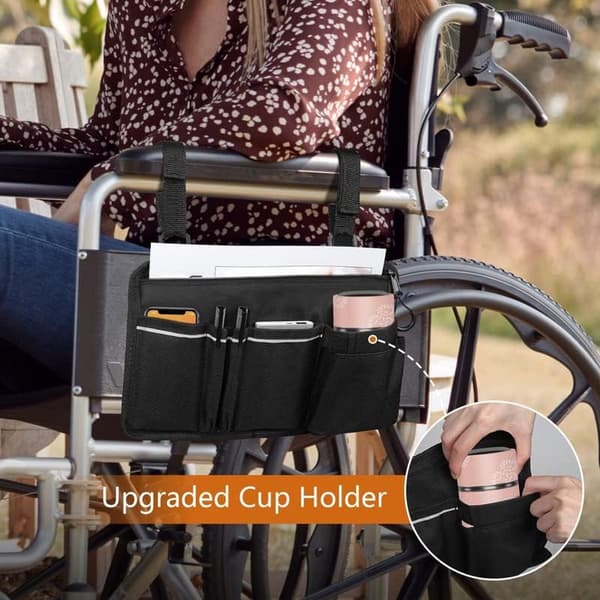 Rullestolveske, armlensoppbevaring med koppholder og refleksstripe