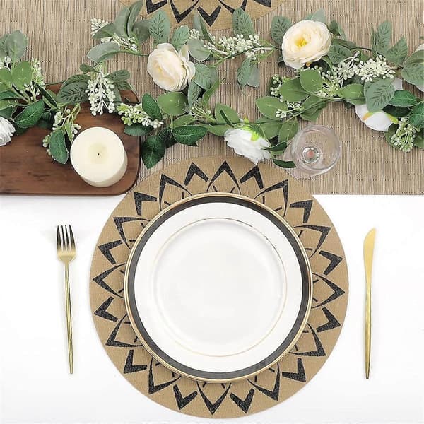 6 Pcs Black Round Flower Insulation Placemats Boho Floral Print Non-Slip Stain Mats Wipeable Coasters