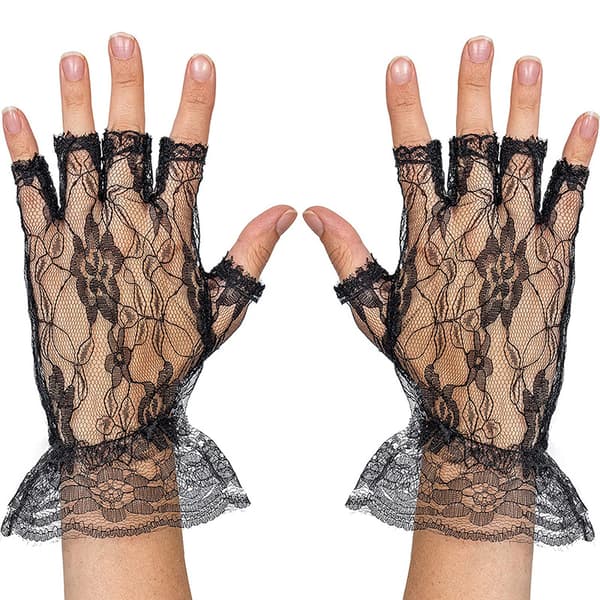 Fingervantar i spets, med volang, pull-on-design för kvinnor och flickor, bröllop, tebjudningar, viktorianska kostymer black