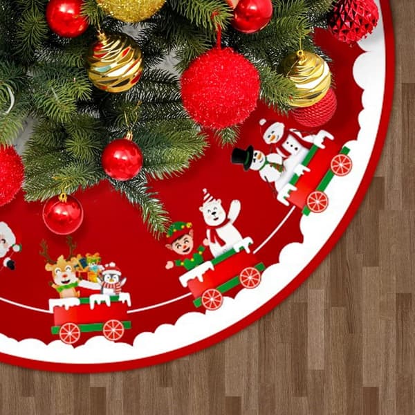 Juletrefotmatte, gjenbrukbart polyesterstoff med festlig togtrykk, for julefestdekorasjon, rød, 36 tommer