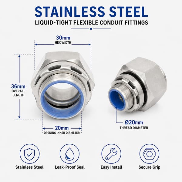 Væsketæt fleksibel rørfitting til ledninger, 20 mm, sølv, 10 stk. φ20* Stainless Steel External Thread