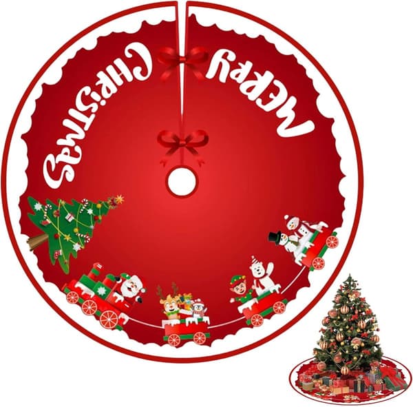 Juletrefotmatte, gjenbrukbart polyesterstoff med festlig togtrykk, for julefestdekorasjon, rød, 36 tommer