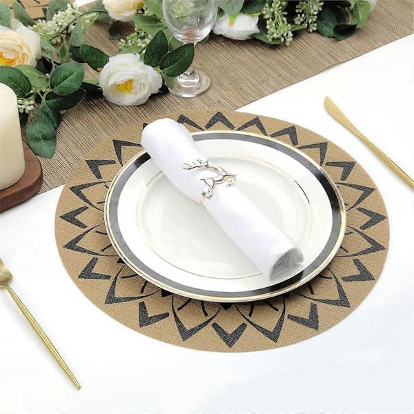 6 Pcs Black Round Flower Insulation Placemats Boho Floral Print Non-Slip Stain Mats Wipeable Coasters