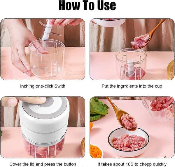 Mini Electric Onion Chopper with 2 Cups, Multi Electric Kitchen Chopper 250ML+100ML, USB Rechargeable for Vegetables Fruit Meat (White)