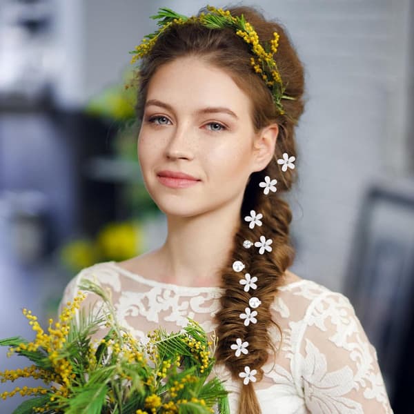 Små blomsterhårnåler, mini diamantperle, for kvinner og jenter, 20 stk hvit