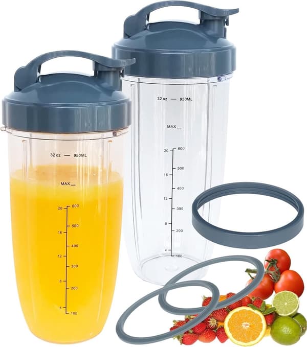 Ersättningsmixerkoppar, 2-pack 32oz med flip-top-lock, kompatibla med NutriBullet 600w/900w, resevänliga
