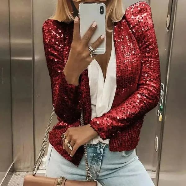 (pow yeah!) Damkofta Langærmet Glitrende Pailletjakke Åben Front Casual Damejakke Champagne L