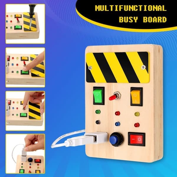 Montessori Wooden Activity Board with LED Light & Button – Sensory Toy & Educational Gift for Children