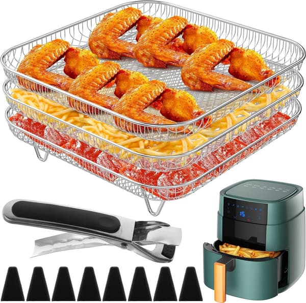 3-lags Airfryer-stativ, Firkantet Grill Dehydrator-stativ, Rustfrit Stål, Stabelbart, med 8 Silikonefødder & Klips