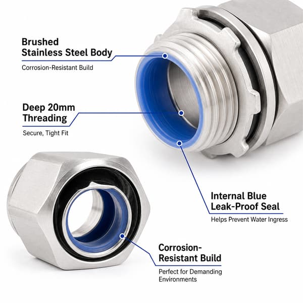 Væsketæt fleksibel rørfitting til ledninger, 20 mm, sølv, 10 stk. φ20* Stainless Steel External Thread