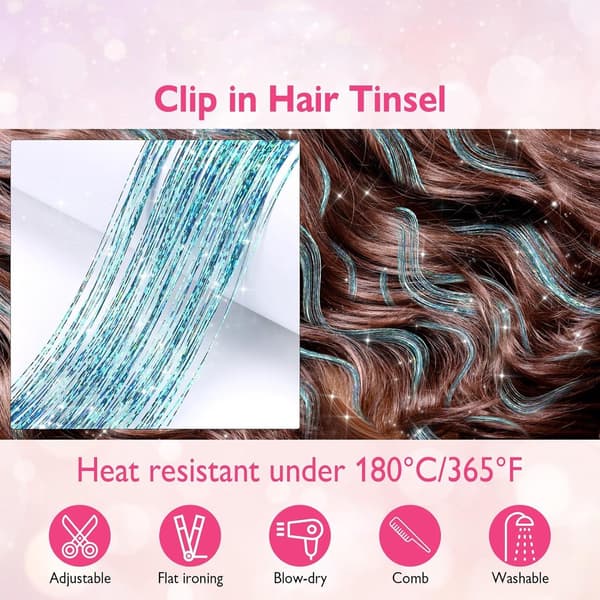 Hårglimmer, Himmelblå, Glitter Extensions, Varmebestandig, Sæt med 18