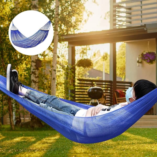 Enkeltpersoners Net Hængekøje, Åndbar Polyester, Rivefast, Til Camping, Have Og Terrasse, Blå, 255 x 130 cm