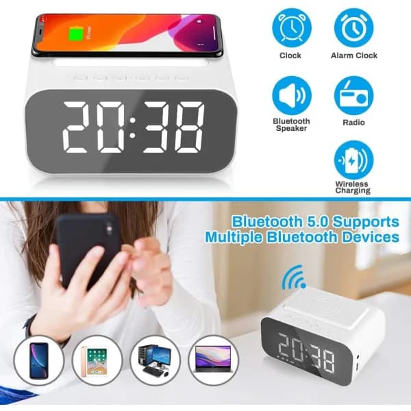 (pow yeah!) Radioväckarklocka med Bluetooth-högtalare, trådlös laddningsväckarklocka