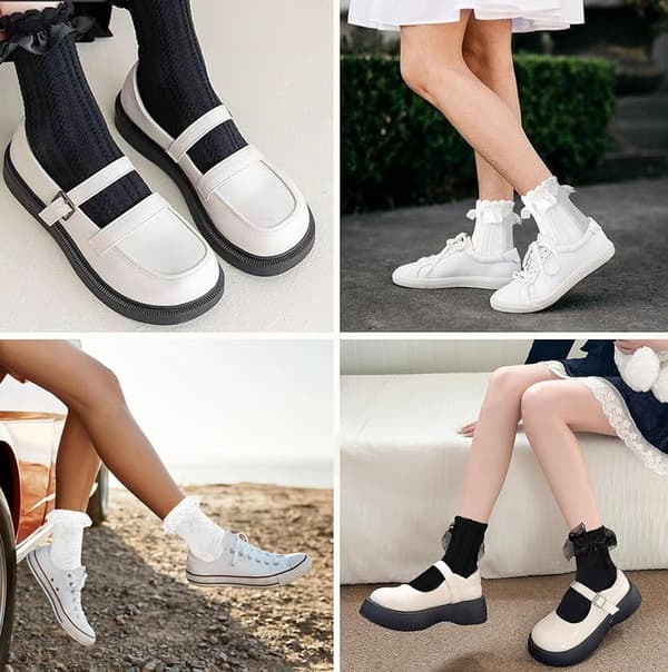 Flæsesokker, 6 par, sort og hvid bomuld, bløde åndbare strikkede til kvinder, én størrelse