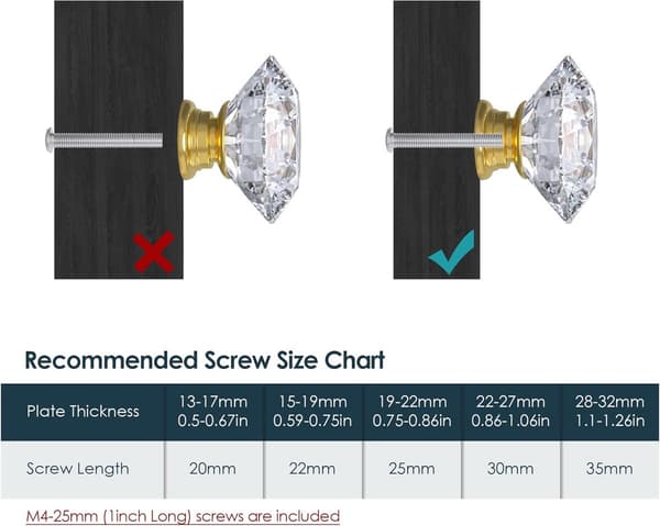 Diamantglas skabsknopper, guldbase, klar krystal 30 mm, til skrivebords- og kommodeskuffer