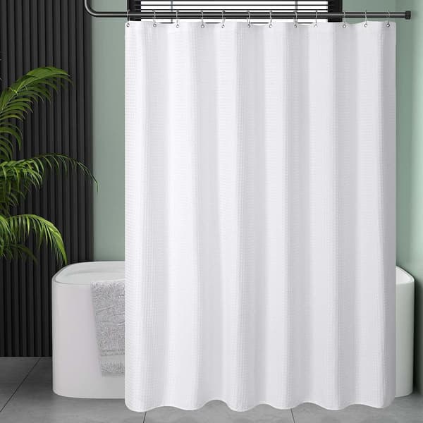 Sidoduschdraperi, halvtransparent med 12 ringar, våffelväv, vit, 80x180cm