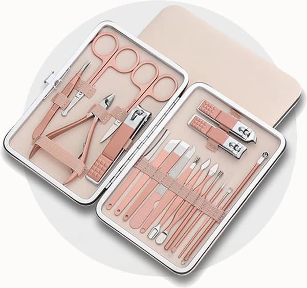 18-dele manicure sæt i rustfrit stål – pedicure, saks, negleklippere, rejsetaske