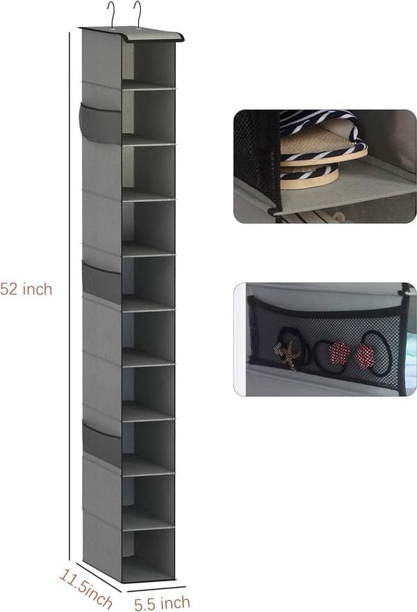 Hängande garderobsorganisatör, grå, 10 hyllplan, förvara kläder, skor och accessoarer