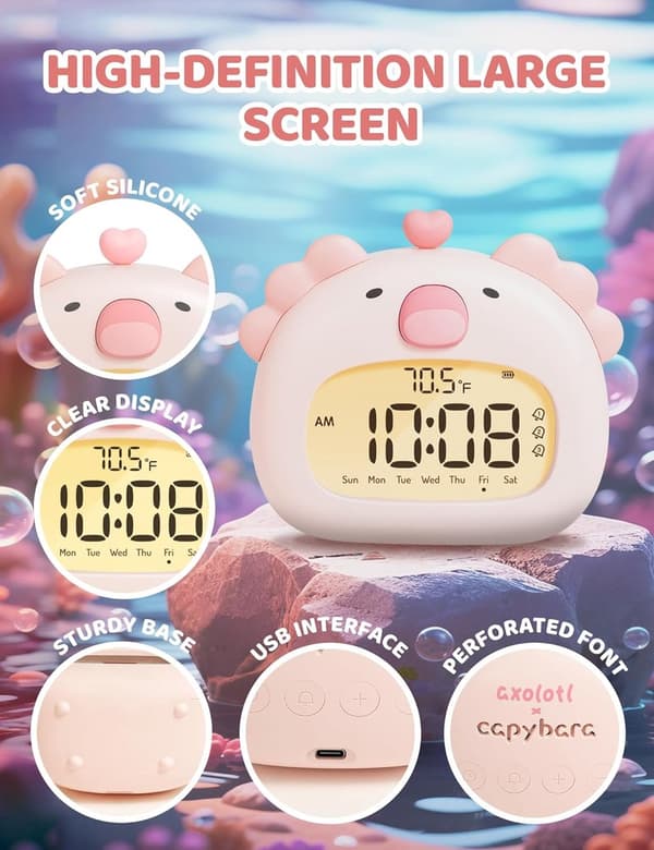 Børnevækkeur, salamanderformet digital søvntræner med LED-display, 3 alarmer, nedtællingstimer, USB-C genopladelig, pink