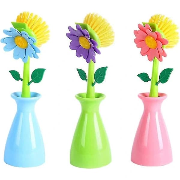 【PP】3-pack Köksborstar Söt Blomform Långt Handtag Diskborste Rengöring för Skrubbset