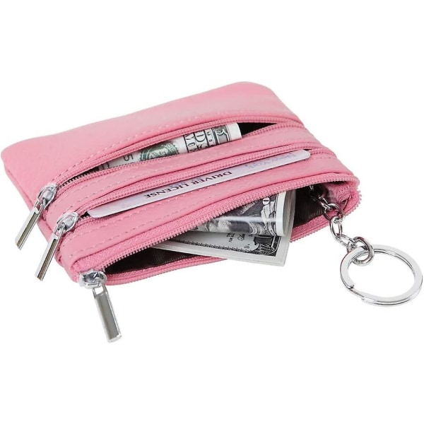 Myntveske i ekte skinn for kvinner, mini-lommebok med nøkkelring, rosa
