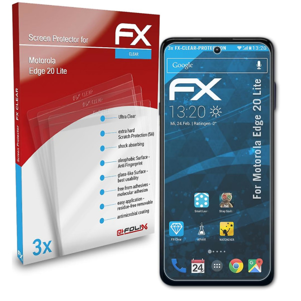 atFoliX 3x skyddsfolie kompatibel med Motorola Edge 20 Lite Displayskyddsfolie klar