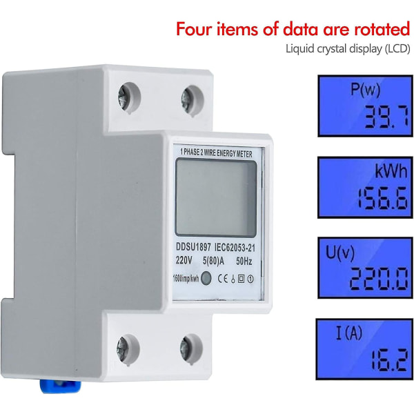 LCD digital elektrisitetsmåler AC Meter Top-hat Rail Kwh Meter 5(80) A Elektrisitetsmåler Top-hat Rail 1-fase 2-pin 2p Din Rail Elektrisitetsmåler Ac230