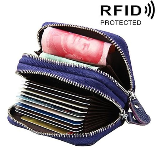 Ægte kohud læder dobbelt lag solid farve lynlås kortholder pung Rfid blokering møntpung kort taske beskyttelsesetui med kortslots og møntposition Dark Blue