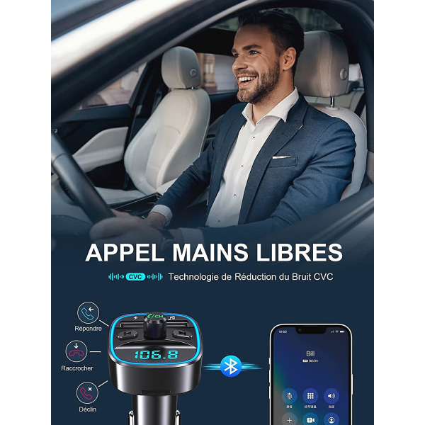 Bluetooth bil, FM-sender Bluetooth 5.0 trådløs mp3 musikkspiller radioadapter, håndfri samtale, doble usb-porter 5v/2.4a & 1a, billaderforsyning