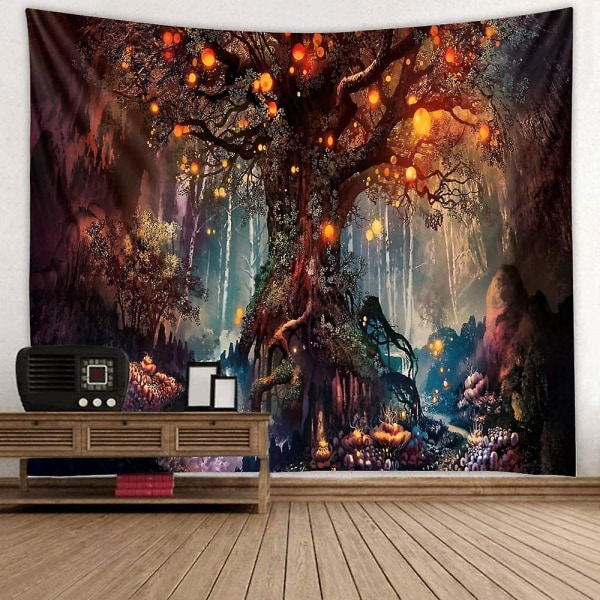 Skovtæppe Boligindretning Landskabstæppe Stue Soveværelsesdekoration Magisk Tapestry Gardin (gammelt træ rødt 150x130cm)