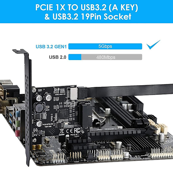 Pci-e 1x till Usb3.2 A-nyckel expansionskort, 5gbps typ-e intern 20p frontpanel