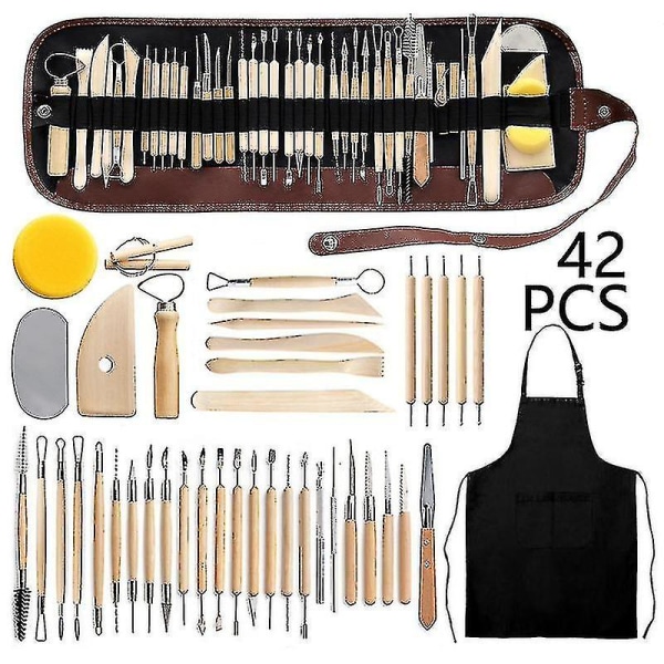 42 kpl savenveistotyökalu, puinen kahva, keramiikkaveistotyökalusarja