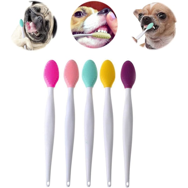 Sæt med 5 tandbørster til hunde, dobbelt blød blød silikoneside med langt buet håndtag